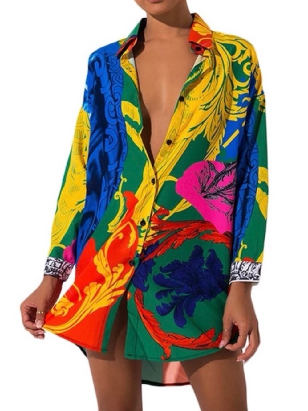 Women's Multicolor Printed Button-Up Shirt Dress - Vibrant Floral